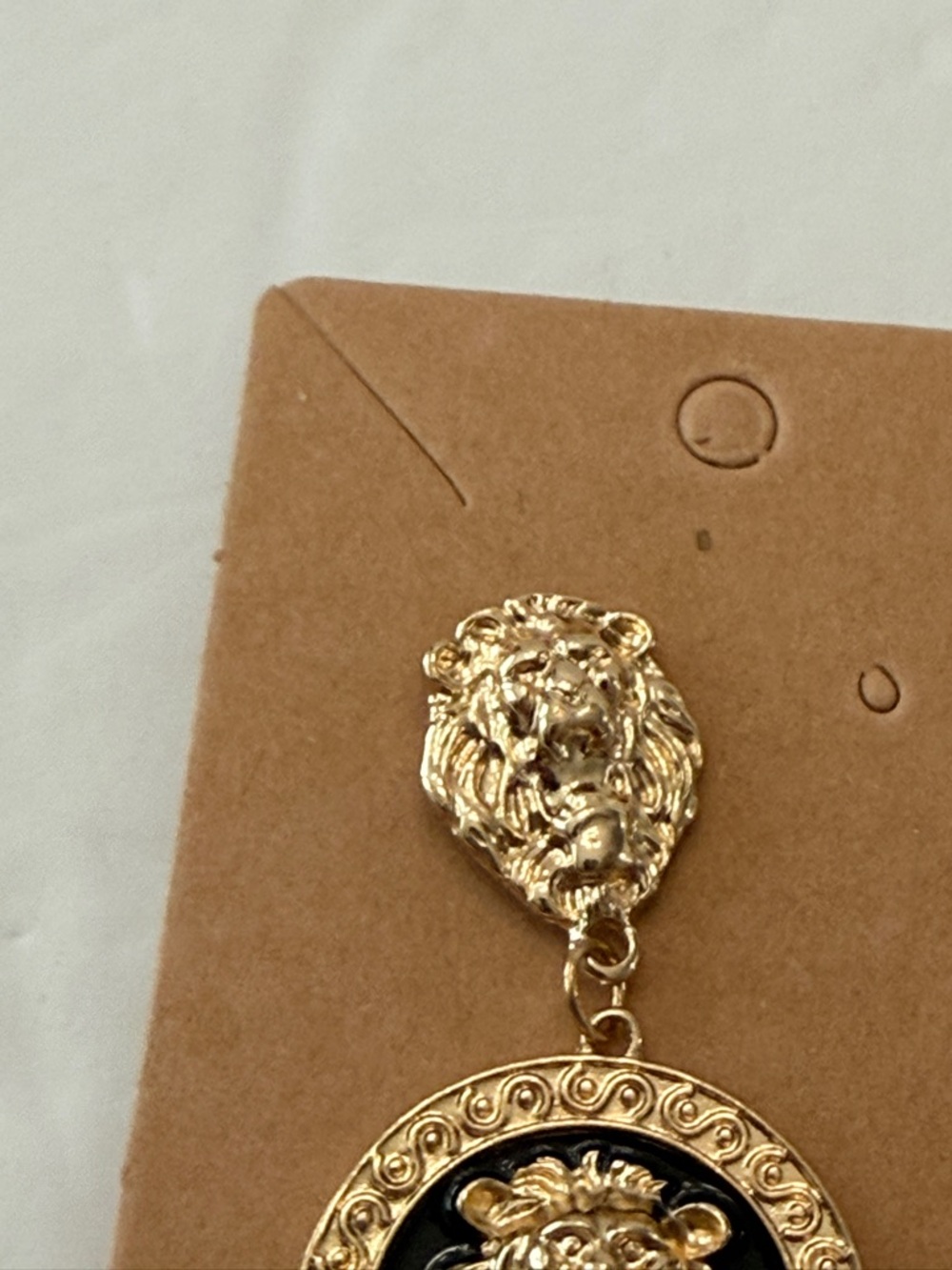 Gold Lion Head Medallion Earrings Black Enamel Statement Drop - Picture 5 of 13